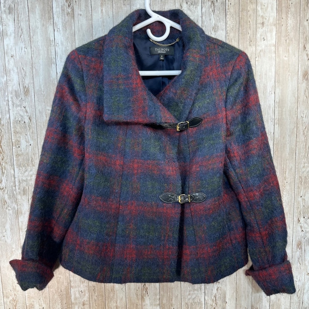 Talbots Women's Wool Blend Navy Plaid Pea Coat Asymmetrical Buckle Jacket Sz 10
